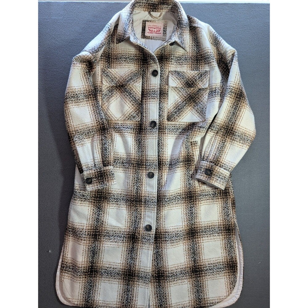 Levi's Womens Medium Plaid Long Shacket Coat Cream Tan Black Lined Zip Button